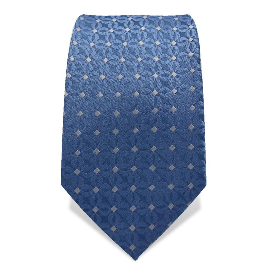 Krawatte 7,5 cm Feines Webmuster Punkte, Stahl-Blau / Weiß