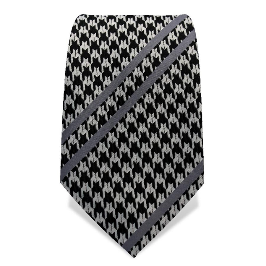 Krawatte 7,5 cm Fein gewebter Hahnentritt, Streifen, Schwarz / Weiß / Grau